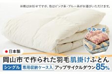 羽毛 布団 岡山市で作られた 羽毛肌掛けふとん 柄お任せ アップサイクルダウン 85％ シングルサイズ 寝具：ブルー系