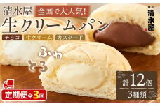 【定期便全３回】＜究極のふわとろ食感＞清水屋 生クリームパン 12個 3種（カスタード・生クリーム・チョコ）
