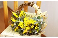 フレッシュ ミモザとユーカリのハーフムーンリース M【ハンドメイド ミモザリース リース ドライフラワー ミモザ お花 花 岡山県 倉敷市 おすすめ 人気】【2026年2月下旬-3月下旬 発送予定】