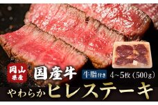 ＜岡山県産国産牛＞やわらかヒレステーキ 4～5枚(500g)牛脂付き_ステーキ ヒレステーキ ヒレ 牛肉 赤身 国産 牛肉セット 岡山産 贅沢ギフト 家庭用 肉 牛脂 やわらか 贈答 ギフト 冷凍 真空包装 岡山県 津山市【1419945】