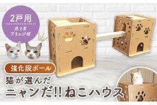 強化ダンボール 猫が選んだ＜ニャンだ!!ねこハウス＞2戸用 爪とぎブリッジ付【1437579】