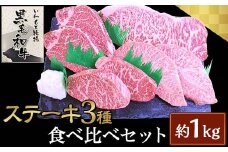 ステーキ3種食べ比べセット約1kg【いわもと黒毛和牛】