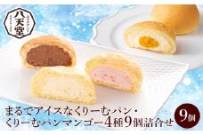 【八天堂】新食感！まるでアイスなくりーむパン・＜季節限定＞くりーむパンマンゴー 4種9個詰合せ スイーツ お菓子 アイス カスタード チョコレート あまおう いちご  マンゴー 冷凍 015051
