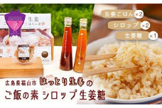 福山産 厳選素材の「生姜ごはんの素×2袋」＆「ジンジャーシロップ200ml×2本」＆「生姜糖×1個 」【詰合せ セット ごはんの素 生姜ごはん 生姜 シロップ 生姜糖 お弁当 広島県 福山市】