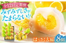 【全12回定期便】お菓子 はっさく大福8個入　 お菓子 大福 八朔 柑橘 みかん オレンジ 餅 ギフト お取り寄せ スイーツ フルーツ大福 ご当地 菓子 おかし デザート 食品 人気 おすすめ 広島県福山市/株式会社虎屋本舗[BADH024]