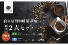 No.1020 府中から世界に発信できる店を【自家焙煎珈琲屋 夢琥】中挽豆2点セット ／ コーヒー豆 ブラジル グアテマラ 高品質 フレーバー感 後味の甘さ 広島県