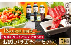 【全12回定期便】【これ1本で美味しい味付】調味料 お試しバラエティーセット 醤油 白だし ドレッシング ぽん酢 鍋 醤油 しょう油 しょうゆ お醤油 セット 詰め合わせ 調味料 大豆 刺身 煮物 だし だし醤油 出汁醤油 出汁 濃口 濃い口 こいくち 安心 安全 手作り コク 旨味 国産 料理 グルメ 保存 リピート ギフト 人気 高品質 好評 広島県産 江田島市/濱口醤油[XAA028]