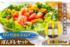 【全6回定期便】かけるだけで大満足のぽんドレセット 300mL×2種 ポン酢 ドレッシング サラダ ゆず 鍋 醤油 しょう油 しょうゆ お醤油 セット 詰め合わせ 調味料 大豆 発酵食品 刺身 煮物 だし だし醤油 出汁醤油 出汁 濃口 濃い口 こいくち 安心 安全 手作り コク 旨味 国産 料理 グルメ 保存 リピート ギフト 人気 高品質 好評 広島県産 江田島市/濱口醤油[XAA030]