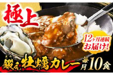 【全12回定期便】テレビで話題！すぐ食べられる贅沢ご当地カレー！鍛え牡蠣 カレー 10個 牡蠣 かき カキ カレー レトルト 簡単 江田島市/有限会社寺本水産[XAE053]レトルトカレー 本格 ご当地カレー 人気 おすすめ ギフト プレゼント お取り寄せ 非常食 常備食 時短 簡単 レトルト カレー 具だくさん リピート ギフト プレゼント 贈答 人気 高品質 好評 広島県産