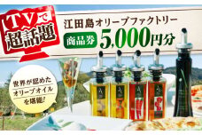『江田島オリーブファクトリー』 商品券 5000円分（1000円分×5枚） オリーブオイル 食用油 国産 広島県産 エキストラバージン エクストラバージン おりーぶおいる おいる オリーブ油 油 調味料 食用油 ヘルシー 健康 国産 広島県産 贈答 ギフト オリーブオイル リピート ギフト プレゼント 贈答 人気 高品質 好評 広島県産 江田島市/山本倶楽部株式会社 [XAJ095]