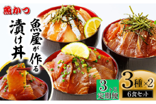 【3ヶ月 定期便】漬け丼 3種×2パック 計6食セット | 漬け丼 定期便 海鮮 惣菜 冷凍 真空パック 小分け 海鮮丼 海鮮セット 詰め合わせ 旬の鮮魚 ハマチ カンパチ カツオ 鯖 サバ ヒラマサ 平政 マグロ アジ ヒラメ 鯛 漬け づけ丼 お茶漬け ごはん 山口県 宇部市