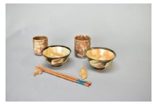 萩焼　福の器揃い(ご飯茶碗・湯呑・鶴亀箸置きセット)　｜HGH00011