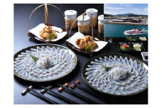 青海島観光汽船乗船券2名様分と宴会用ふぐ刺身4人前×2皿・唐揚付（冷凍）【ふぐさし ふぐ 唐揚げ ふぐ刺し ふぐ刺身 河豚 フグ 体験チケット】