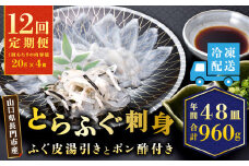 【定期便】とらふぐ刺身1人前×4皿×12回【ふぐ ふぐ刺し ふぐ刺身 フグ ふぐ皮 毎月4枚(1人前)×12ヶ月 定期便 海鮮 山口県 河豚 人気 国産 とらふぐ 板前 ポン酢 薬味 家族】