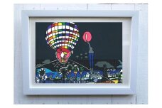 明るい形の気球の町の工場〔複製画（A4サイズ）〕（額付き）絵：徳原望