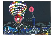明るい形の気球の町の工場〔複製画（A4サイズ）〕（額なし）絵：徳原望