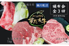 頒布会 隔月配送 3回お届け すだち牛  すき焼き用1.2kg ＆ ステーキ1kg & ヒレ1kg  合計3.2kg
