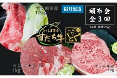 頒布会 隔月配送 3回お届け すだち牛  すき焼き用1.2kg ＆ ステーキ1kg & ヒレ1kg  合計3.2kg