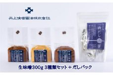 井上味噌醤油 生味噌300g 3種セットとだしパック　老舗 本格味噌 天然醸造 だしパック いりこだし 天日塩 ミネラル  味噌汁  味噌漬け