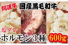 ホルモン 小腸 大腸 ハツ 阿波牛 塩漬け 200g×3パック 小分け 計600g  国産 牛 黒毛和牛 鍋 焼肉 脂 焼き ホソ シマチョウ もつ 肉 牛肉 BBQ 【北海道・東北・沖縄・離島への配送不可】