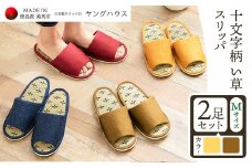 十文字柄 い草 スリッパ  Mサイズ 2足セット Ｍイエロー+Ｍグリーン  ヤングハウス《90日以内に出荷予定(土日祝除く)》｜ スリッパ い草 前あき タイプ お手入れ 簡単 おしゃれ シンプル ギフト プレゼント 記念日 父の日 母の日 結婚記念日 自宅用 来客用 徳島県 美馬市 送料無料