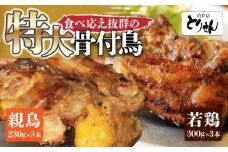 食べ応え抜群の特大骨付鳥 親鳥230g×3本・若鶏300g×3本