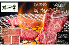 奇数月発送≪6カ月定期便・大容量≫オリーブ牛焼肉三昧大満足セット　2200g×6回