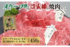 【ふるさと納税】黒毛和牛 オリーブ牛 讃玄豚 コラボ焼肉セット450g(150g×3) [ 讃岐牛 和牛 カルビ モモ ブランド牛 肩ロース ブランド豚 牛肉 豚肉 国産 ギフト グルメ 液体凍結 冷凍 送料無料 三豊市 10000 10, 台 セット 返礼品 サヌキ畜産フーズ ］
