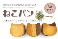かわいいねこパン3個セット ＜花ちゃん、銀次、マリー＞　西条市産の自然栽培米でつくる 自家製米麹生あま酒を使用した 天然酵母で作りました！