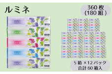 【2025年3月発送】 ティッシュ ボックスティッシュ 60箱 180組 5個 ×12パック ルミネ やわらか 高品質 ティッシュペーパー バラ 花柄 デザインボックス 日用品 備蓄 防災 送料無料 愛媛県 【四国中央市 紙のまち】