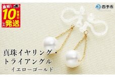 保証書付＜真珠イヤリング・トライアングル（イエローゴールド）＞ 7.0～7.5mm ノンホールタイプ パール アクセサリー フォーマル ファッション かわいい レディース 女性 記念日 成人祝い 佐藤真珠 愛媛県 西予市 【常温】『最短10営業日以内に発送予定』