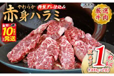 ＜秘伝の特製タレ仕込み！やわらか赤身ハラミ 約1kg（500g×2）＞ 訳あり はらみ ハラミ 赤身 大容量 牛肉 お肉 焼肉 BBQ 味付き タレ漬け 甘辛 レシピ 丼 献立 惣菜 おかず 簡単 グルメ 株式会社丸和 愛媛県 西予市【冷凍】