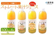 ＜マルワフルーツ柑橘アソート 100％ストレート果汁ジュース 500ml×4本＞ 詰め合わせ セット スイーツ 果物 フルーツ みかん オレンジ 柑橘 清見 でこひめ 河内晩柑 伊予柑 せとか 特産品 愛媛県 西予市【常温】『1か月以内に順次出荷予定』