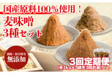 【3回定期便】麦みそ 3種セット 1kg 各3個 計9kg | 甘口 中辛 合わせ 減塩 低塩 麦みそ 国産 大麦 大豆 味噌 みそ 粒みそ 調味料 麹 こうじ 味噌汁 みそ汁 愛媛県 松前町 えひめけん まさきちょう