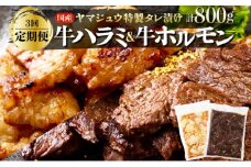 ヤマジュウの特選タレ漬け！牛ハラミ肉＆国産牛ホルモン計８００ｇ【３回定期便】 頒布会