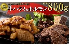 ヤマジュウの特選タレ漬け！牛ハラミ肉＆国産牛ホルモン計８００ｇ【３回定期便】 頒布会