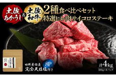 土佐あかうし＆土佐和牛2種食べ比べ 特選ヒレ肉サイコロステーキ500g 計8P 田野屋銀象完全天日塩8P付 牛肉 肉 お肉 和牛 国産 牛 赤身 ヒレ カルビ ロース ブロック サーロイン 熟成肉