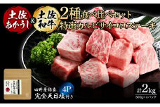 土佐あかうし＆土佐和牛2種食べ比べ 特選カルビサイコロステーキ500g 計4P 田野屋銀象完全天日塩4P付 牛肉 肉 お肉 和牛 国産 牛 赤身 ヒレ カルビ ロース ブロック サーロイン 熟成肉