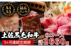【3回定期便】土佐黒毛和牛 食べ比べ 2660g (計2kg以上) | Oコース 厳選 国産 和牛 すき焼き ステーキ 焼き肉 お肉 にく 霜降り 牛肉 ウデ肉 うで肉 サーロイン リブロース 人気 贈答 ギフト プレゼント 小分け 数量限定 3ヵ月 頒布会 老舗 たけうちミート 高知県 須崎市 TM17000
