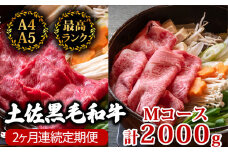 【2回定期便】土佐黒毛和牛 食べ比べ 2000g (計2kg以上) | Mコース 厳選 国産 和牛 すき焼き しゃぶしゃぶ お肉 にく 霜降り 牛肉 ウデ肉 うで肉 リブロース 人気 贈答 ギフト プレゼント 小分け 数量限定 2ヵ月 頒布会 老舗 たけうちミート 高知県 須崎市 TM15000