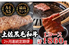 【2回定期便】土佐黒毛和牛 食べ比べ 1860g (計1.8kg以上) | Lコース 厳選 国産 和牛 焼き肉 ステーキ お肉 にく 霜降り 牛肉 モモ肉 もも肉 サーロイン 人気 贈答 ギフト プレゼント 小分け 数量限定 2ヵ月 頒布会 老舗 たけうちミート 高知県 須崎市 TM14000