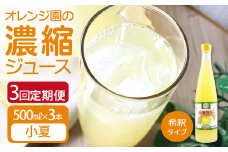 オレンジ園の濃縮ジュース 小夏 500ml 3本 3回定期便 希釈用 みかんジュース チューハイ用 ドリンク ジュース 柑橘類 蜜柑 みかん【J00109】