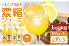 オレンジ園の濃縮ジュース 500ml おまかせ3本入り 3回定期便 希釈用 みかんジュース チューハイ用 ドリンク ジュース 柑橘類 蜜柑 みかん【J00110】