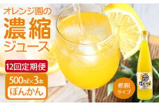 オレンジ園の濃縮ジュース ぽんかん 500ml 3本 12回定期便 希釈用 みかんジュース チューハイ用 ドリンク ジュース 柑橘類 蜜柑 みかん【J00118】