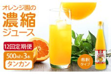オレンジ園の濃縮ジュース タンカン 500ml 3本 12回定期便 希釈用 みかんジュース チューハイ用 ドリンク ジュース 柑橘類 蜜柑 みかん【J00119】