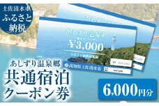 あしずり温泉郷 共通宿泊クーポン券 6,000円分 あしずり温泉郷 旅行券 トラベル ペア 家族 温泉 ホテル 観光 旅行 国内旅行 宿泊 宿泊施設 自然 旅館 高知県 土佐清水市【R01314】