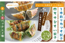 R5-014．家(うち)に来る“高知” ジューシーな具をぎっしり詰めた手づくり!!　四万十ひすい餃子・一本釣りかつお餃子（8ヶ×4パック×2種）　タレ付き　　にんにく不使用！