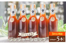 【3回定期便】やすらぎ市 ジンジャーシロップ200ml×5本 - 赤生姜 ショウガ あか しょうが 贈り物 おすそ分け 特産品 ジンジャーエール 料理 調味料 手作りドリンク お菓子 お歳暮 御歳暮 高知県 香南市 Wyr-0056