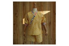 子ども甚平（pati pati）110～120cm イエロー系リーフ柄×ストライプ柄 甚平 じんべい ファッション 子供服 キッズ服