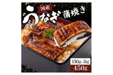 国産うなぎ蒲焼 合計450g（150g×3尾）《着日指定可能》ウナギ 鰻 高知県 東洋町 四国 お取り寄せ 家庭用 自宅用 贈り物 ギフト タレ・山椒付き うな重 鰻丼 うな丼 うな茶漬け 【送料無料】U002